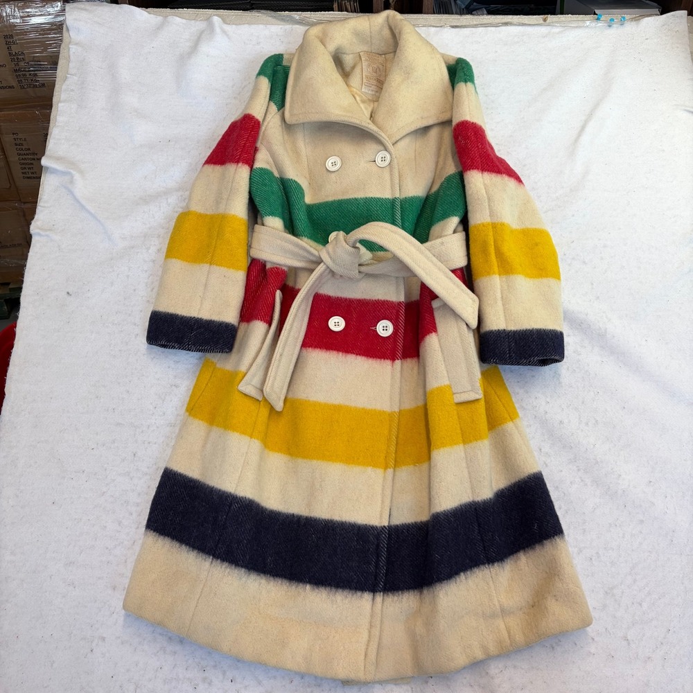 Hudson's Bay Point Blanket Coat Womens M Cream Multi Stripe Wool Belted ILGWU